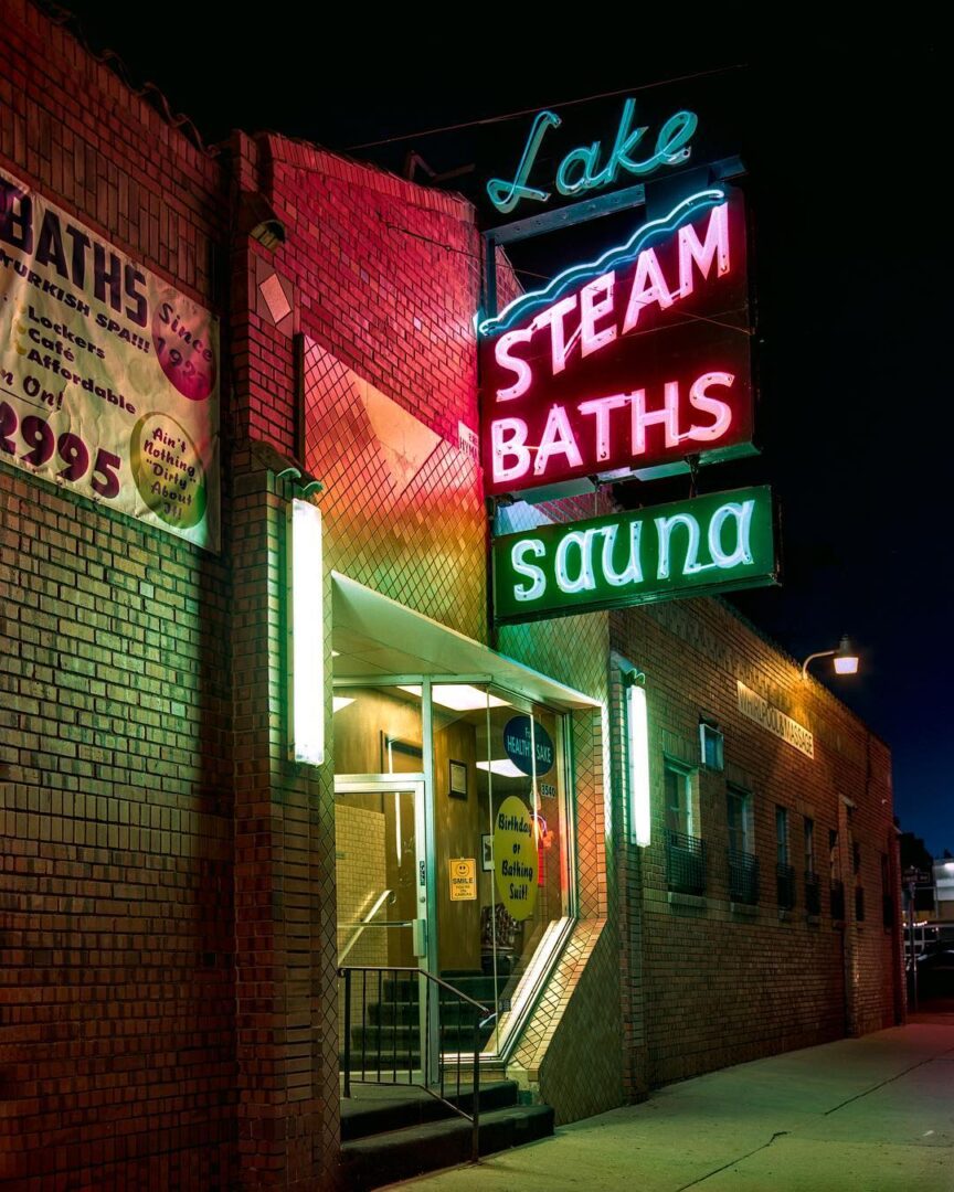 Neon signs at night on film